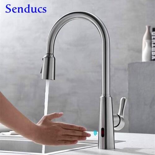 Sensor Kitchen Faucets Senducs Automatic Pull Down Kitchen Mixer Tap Sensor Brushed Nickel Kitchen Faucet Automatic Water Taps