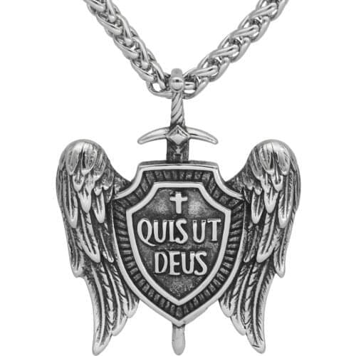 Stainless Steel Angle wind Sword ST.MICHAEL ARCHANGEL CROSS SHIELD PRAYER MEDAL Amulet NECKLACE