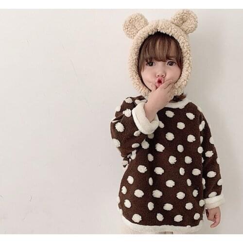Girls Thicken Korean Sweatshirts Autumn Winter Baby Plus Velvet Warm Hoodies Fashion Dots O-Neck Pullovers for Girl 2 3 4 5 6 Y