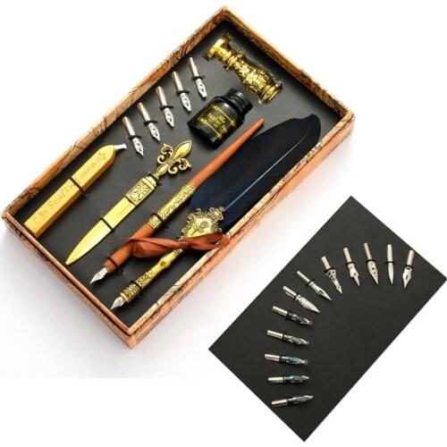 G5AA Vintage Quill Feather Dip Pen Fountain Writing Ink 5 Nibs Seal Wax Gift Box Calligraphy Stationery
