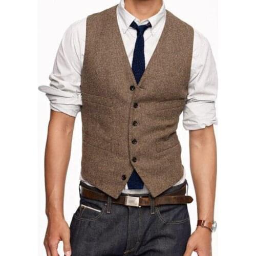 Vintage Brown Wool Tweed Vests Slim Mens Suit Vests Custom Made Sleeveless Suit Jacket Wedding Waistcoat Male Dress Vest