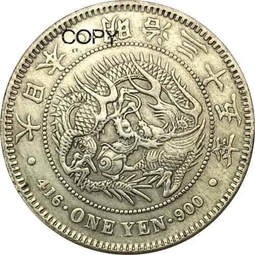 Japan 1 Yen Meiji Dragon 35 Years 1902 Brass Plated Silver Copy Coins