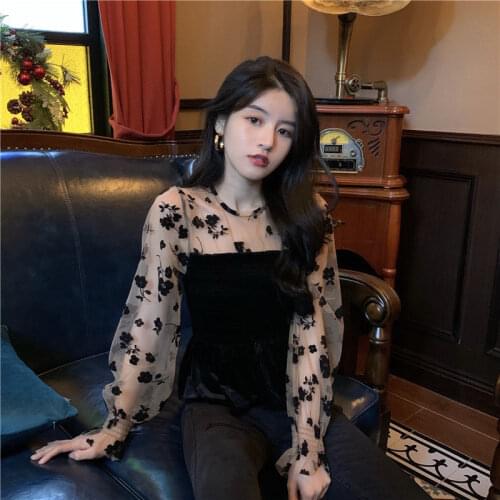 Women Blouse 2021 Spring Mesh Flocking Patchwork Puff Sleeve Long-Sleeve Womens Top Blusas Mujer De Moda