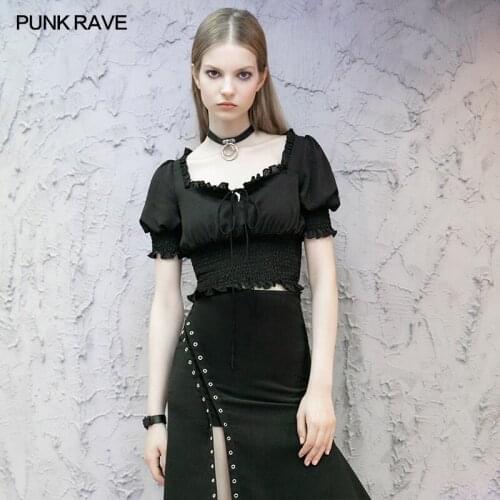 PUNK RAVE Womens "sweet Cool Girls" Cute Generous Neckline Sexy Style Tops Black Short Blouse Daily Chiffon Short Shirt Tees