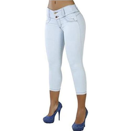 Womens Jean-like Package Hip Pant Slims Solid Color High-waist Elastic Seven-cent Pants Cotton Blend Casual Wearing 2020 New