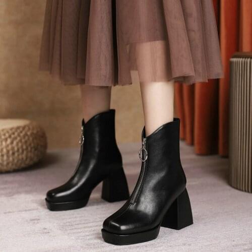 QZYERAI 2021 Leather Modern Boots Fashion Square Toe Platform High Heels Women Boots Autumn Winter Ankle Boots Black