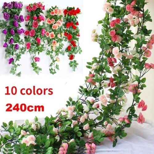 2.4m Silk Fake Flower Artifical Flowers Rose Vine Hanging Basket Living Room Balcony Flower Garland String Home Decoration Roses