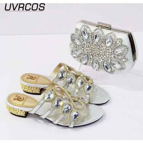 2021 Italian Design Nigerian Newest Fashion High Quality Shape Crystal Style Ladies Shoes and Bag Set in Silver Color for Party