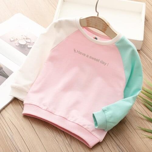 2021 Spring Autumn 2 3 4 6 8 10Years Children Long Sleeve Cute Candy Color Patchwork Basic Cotton Sweatshirt For Baby Kids Girls