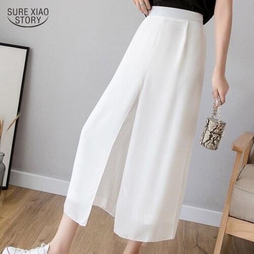 2021 Summer Three-color Wide-leg Pants Women Drape Chiffon Pant Lady Comfortable Loose Nine-point Hakama Pantalones Mujer 15512