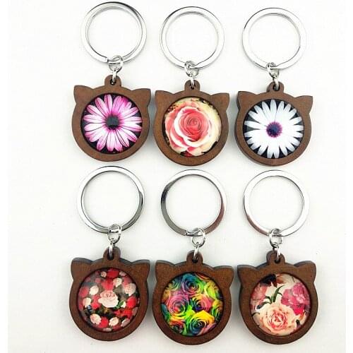 Jiangzimei 24pcs New Design Daisy,rose,Chrysanthemum Keychain Cats head Wood base with Glass Cabochon Keyring Girls party gift