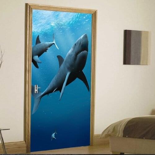 3d Hd 2 Pcs 3D Creative Stickers Door Wall Sticker DIY Mural Bedroom Home Decor Shark PVC Waterproof Door Sticker Imitation Art
