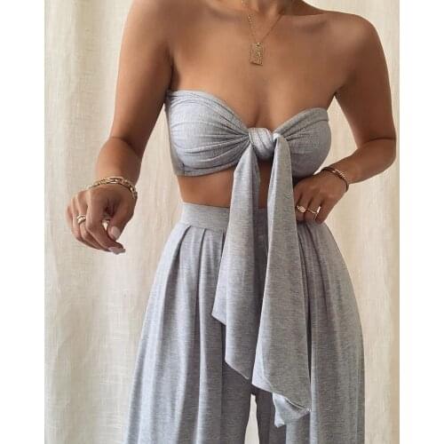 BBK Sexy Women Two Pieces Suit Summer 2021 Sleeveless 2 Layer Bandage Crop Top Vintage Wide Leg Pants Solid Women Sets Causal Za