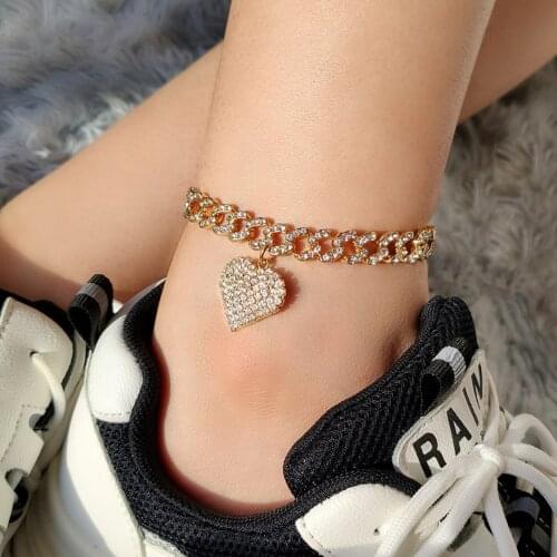 Iced Out Hip Hop Crystal Heart-Shaped Anklet for Women Men Chunky Miami Cuban Link Anklet Bracelet Foot Chain Jewelry Wholesale