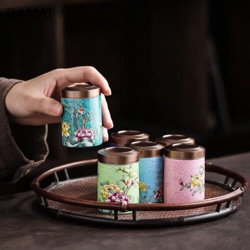 Retro Enamel Ceramic Tea Tin with Lid Flower Decoration Porcelain Tea-leaf Storage Container Teahouse Kung Fu Teaware Organizer