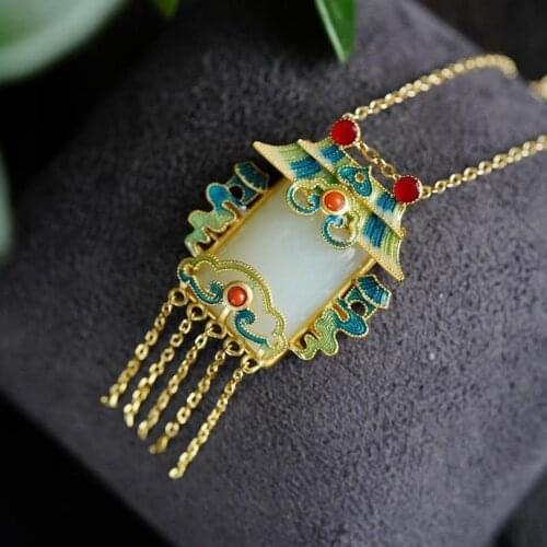 Natural Hetian Jade National Trendy Style Long Fringe Pendant Ethnic Style S925 Sterling Silver Chinese Style Vintage Sweater