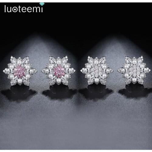 LUOTEEMI Delicate Created Pearls Big Flower Statement Stud Earrings For Women Fashion Bohemian Unique Big Brincos Girl Jewelry