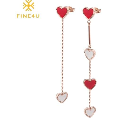FINE4U E160 Cute Love Heart Pendant Long Tassel Dangle Earrings Rose Gold Color Stainless Steel Statement Jewelry