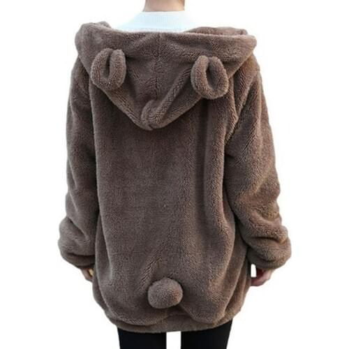 Fashion Women 'S Soft Bear Ears Tail Cartoon Plush Sweatshirt Long -Sleeved Round Neck Hooded Casual Jacket Female