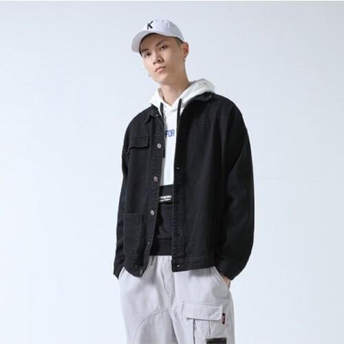 Denim jacket mens simple asymmetrical design Hong Kong style denim jacket Japanese Harajuku style