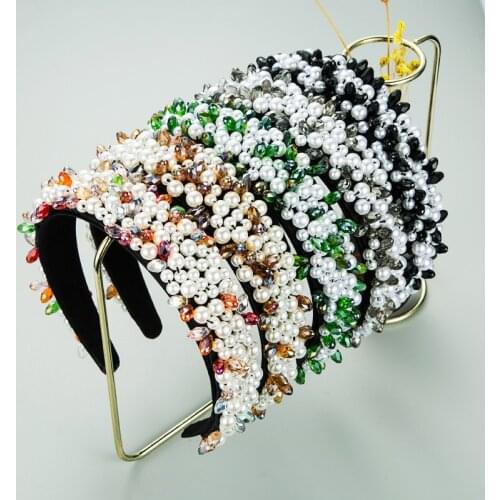 New Arrivals Handmade Luxury Bling Rhinestone Pearl Headband Crystal Colorful Diamond Hairband Women Party Hair Accessories