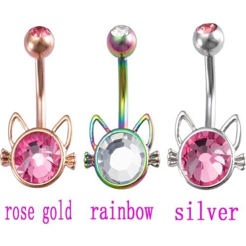 1Pcs Sexy Rhinestone Cat Navel Belly Button Ring Crystal Surgical Steel Barbell Body Piercing Jewelry Women Accessory