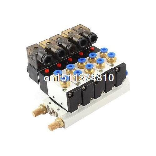 DC 24V 2 Position 5 Way Quadruple Solenoid Valve w Base Push In Silencer