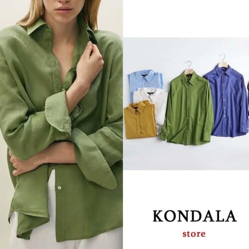 KONDALA Za Office Lady Women Shirts Cotton Single Button Fashion 2021 Blouses Female Casual Loose Mujer Shirts Chic Mujer Tops