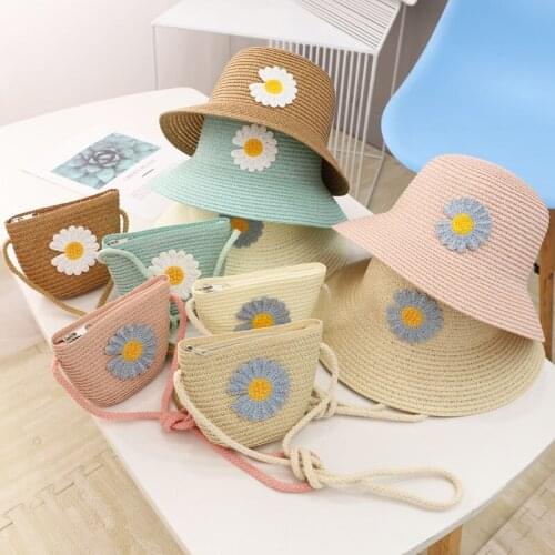 2pcs Parent-child Straw Hats Bags Suit Childrens Summer Sunshade Bucket Hat New Messenger Bag for Girl Princess Mini Crossbody