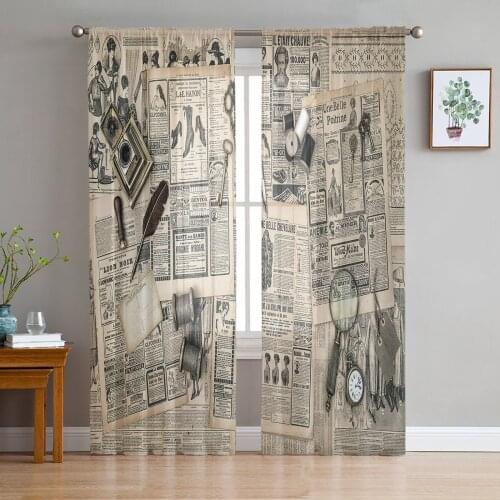 European Retro Old Newspaper Curtain For Living Room Transparent Tulle Curtains Window Sheer For The Bedroom Accessories Decor