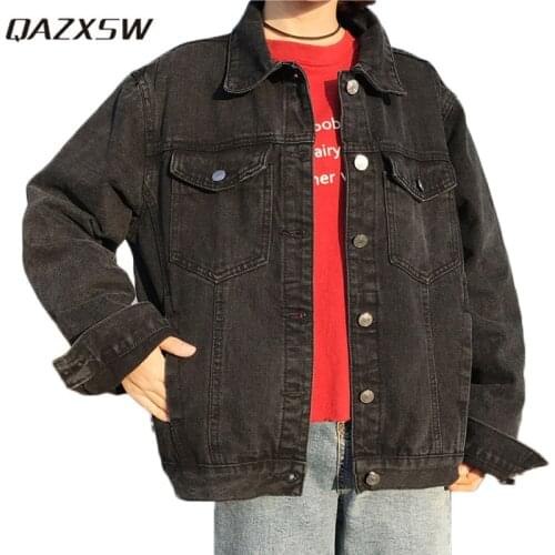 QAZXSW Women Basic Coats 2019 Casual Denim Jacket Women Bomber Jacket Black Harajuku Plus Size Jeans Coat Casaco Feminino HB542