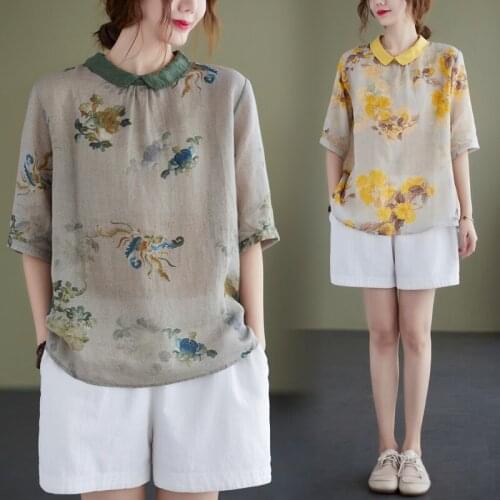 Summer Cotton and Linen Vintage Thin Womens Shirt Turndown Collar Half Sleeve Floral Back Button Casual Loose Top Lady Blouses