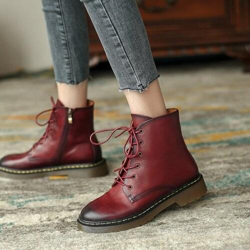 MORDOAN Genuine Cow Leather Lady Boots Thick-soled Mid-heel Nice Autumn New Round Toe Lace-up Ankle Boots Womens Ankle Boots