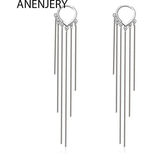 ANENJERY 925 Sterling Silver Handmade Long Chain Tassel love Heart Hoop Earrings For Women oorbellen S-E1072