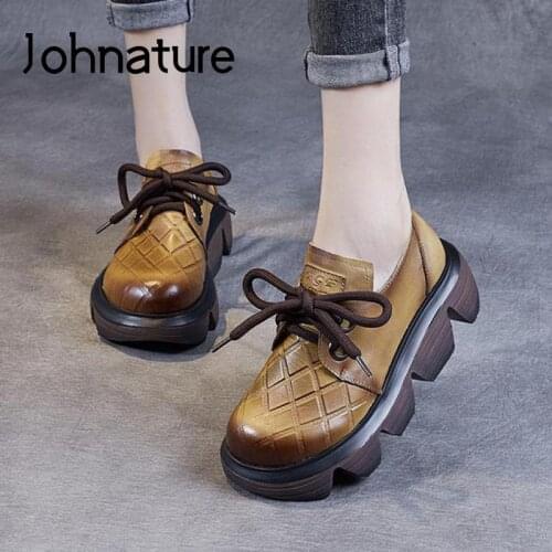 Johnature Pumps Women Shoes Wedges Genuine Leather Round Toe Lace-Up Retro Sewing 2021 New Autumn Handmade Concise Ladies Shoes