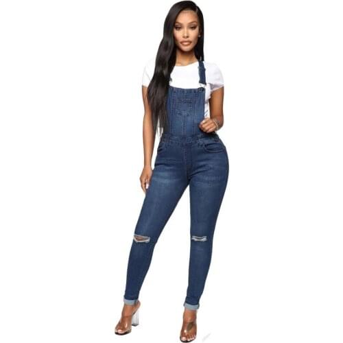 Helisopus Denim Overalls Women Fashion Slim Jumpsuit Bib Full Length Skinny Casual Plus Size Romper Holes Washed Trousers