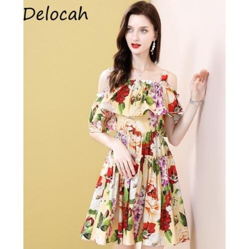 Delocah Summer Sexy Spaghetti Strap Cotton Dress Women Ruffles Backless Sundress Floral Print Shirred Slim Ladies Mini Dresses