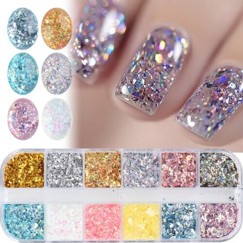 12 Grids Mermaid Gradient 3D Glitter Paillette Nail Art Irregular Broken Glass Flake Sequin Crystal Acrylic Nails Decor LYJX03