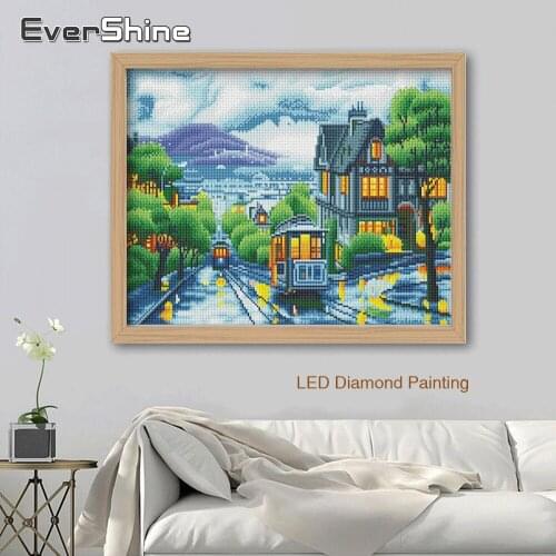 Evershine 5D Diamond Embroidery Scenic LED Light Diamond Painting Round Drill Landscape Diamond Mosaic Full Display With Frame