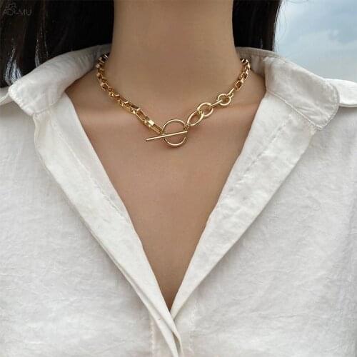 AOMU Exaggerated Gold Color Thick Chain Metal Necklace Hip Hop Sweater Chain for Women Trendy Jewelry Accessories Gifts Party