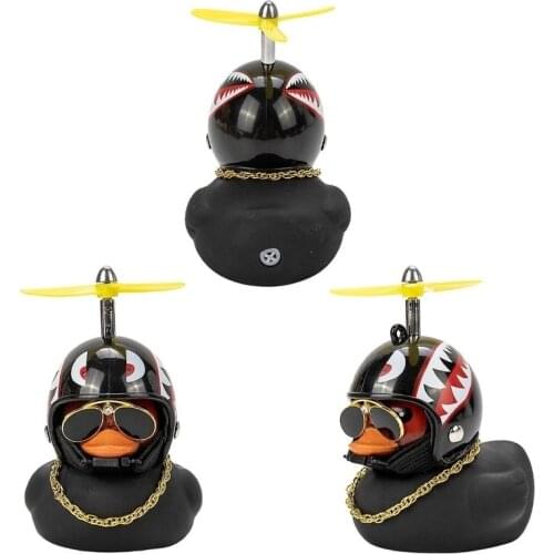 Car Duck with Helmet Propeller Broken Wind Small Black Duck Road Bike Motor Helmet Riding Cycling Car Accessories Decor Toy Duck