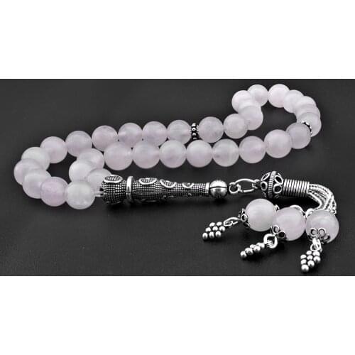 Babba 925 Sterling Silver Tasseled Sphere Cut Light Pink Quartz Natural Stone Tasbih