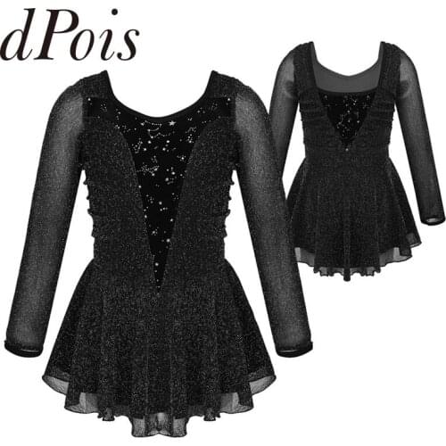 Girls Shiny See Through Velvet Splice Long Sleeves Skating Dress Kids Silver Glitters Tulle Ballet Leotard Dress Dance Costume