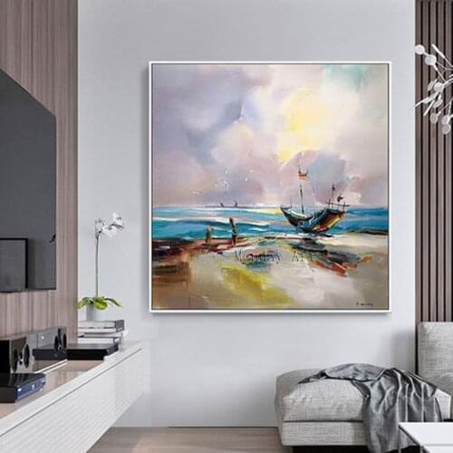 Large 100% hand-painted abstract seaboat oil painting on canvas wall art landscape artwork wall picture for living room bedroom