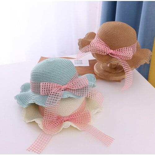 2021Child Summer New Straw Hat 2-6 Year Baby Girls Fashion Lace Bow Princess Hat Parent-Child Holiday Breathable Beach Hat