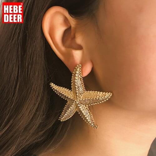 HebeDeer Ocean Style Earrings Women Pitted Kpop Charm Simple Geometric Asymmetry Starfish Zircon Pendant Earrings Arete