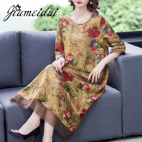 JiuMeiDai 2021 Women Summer A-Line Dress Office Lady Elegant Vintage Printed Long Dresses Female Fahion Loose Party Clothing