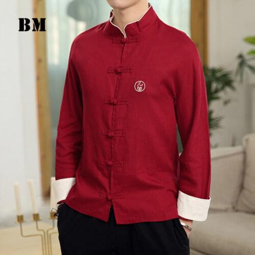 Chinese Style Cotton Linen Long Sleeve Shirt Men Clothing Spring Autumn Retro Embroidery Clothes Harajuku Fashion Coats Male