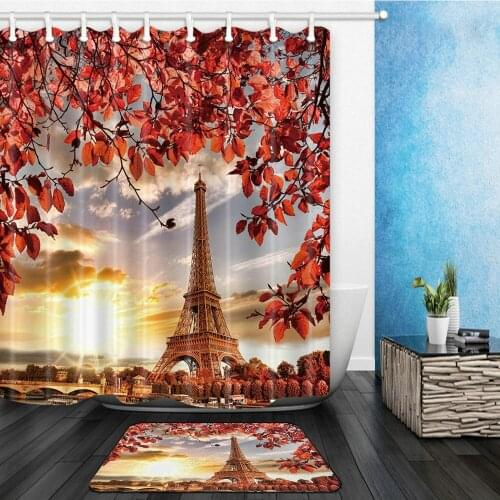 Paris Tower Shower Curtains Set Valentines Day Romantic Couples Bathroom Decor Home Bath Curtain and Flannel Mat 40x60cm