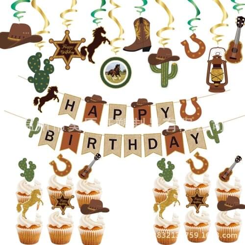 1set Cowboy Themed Party Supply Western Cowboy Birthday Banner Cake Topper Hanging Baby Shower Pendant Kids Birthday Party Decor